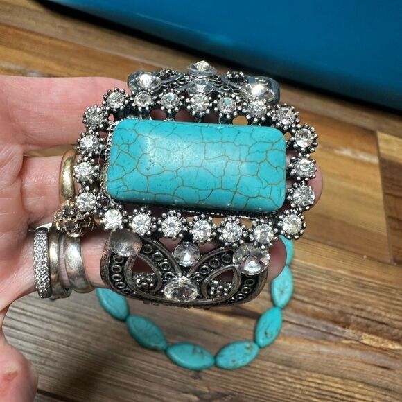 Handmade Turquoise Stone 36” Necklace + Rhinestone Clamper + Earrings - Picture 3 of 9